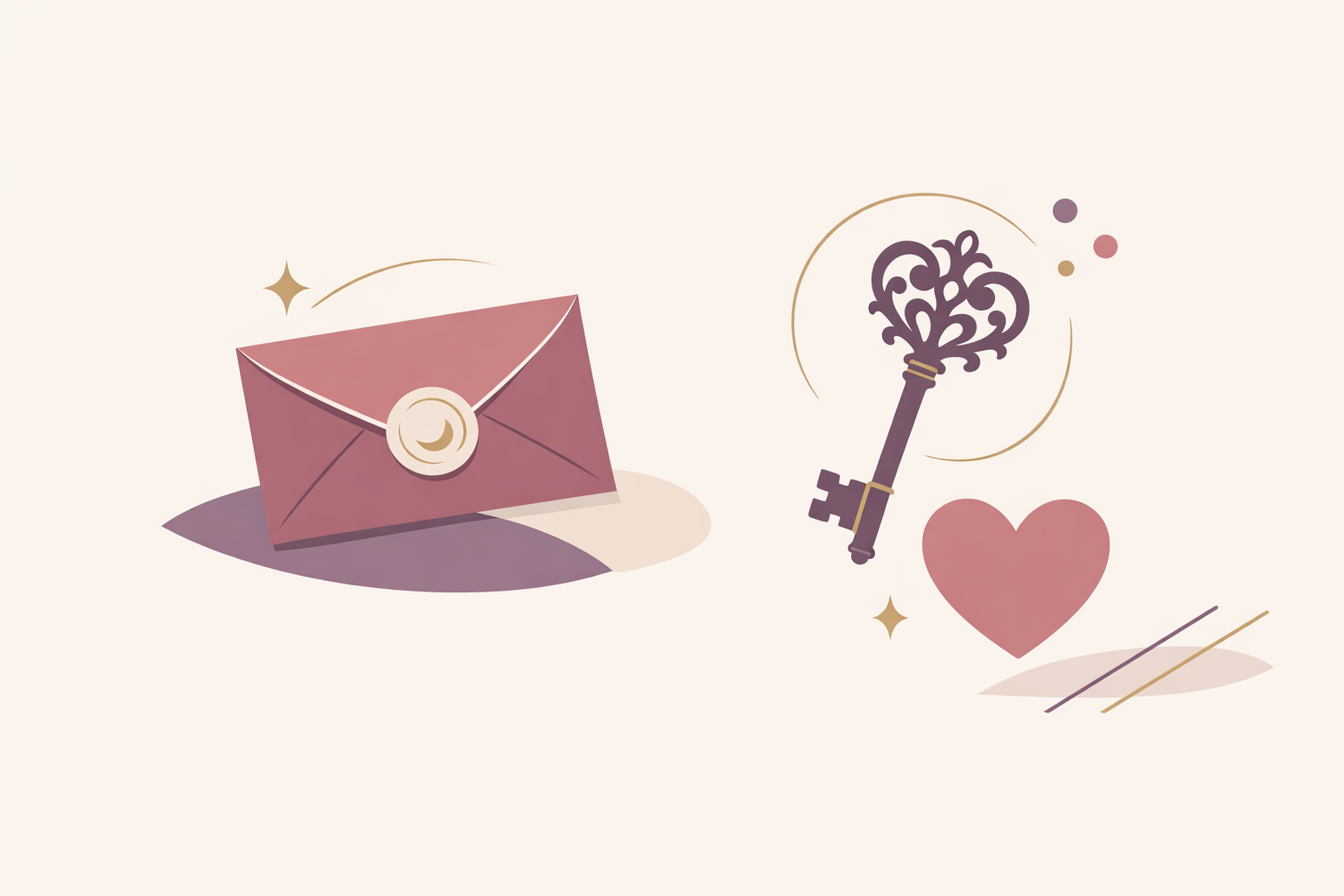 Titelbild: Lenormand Karten deuten – minimalistische Symbol-Illustration (Brief, Schlüssel, Herz) auf cremefarbenem Hintergrund mit mauve Akzent.