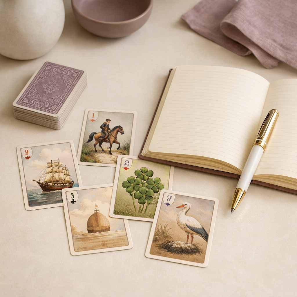 Lenormand-Karten und Notizbuch als Symbol für Beratung, Klarheit und Entscheidungen.